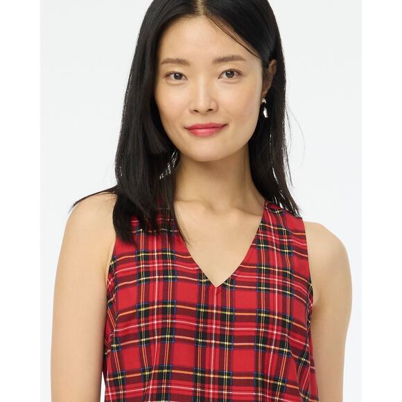 JCrew Tartan Sleeveless Blouse VNeck Holiday Christmas Red Black Plaid Medium - Picture 1 of 8
